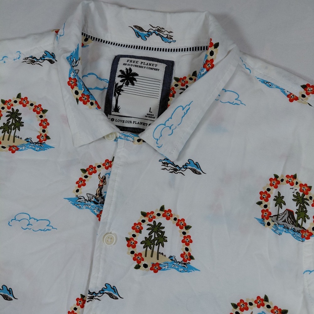 Free‎ Planet Mens Hawaiian Shirt White Tropical Surf Print FN9W20HC7W L